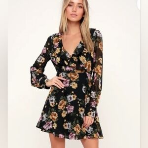 Lulu's Black Floral Ruffle Wrap Long Sleeve Dress